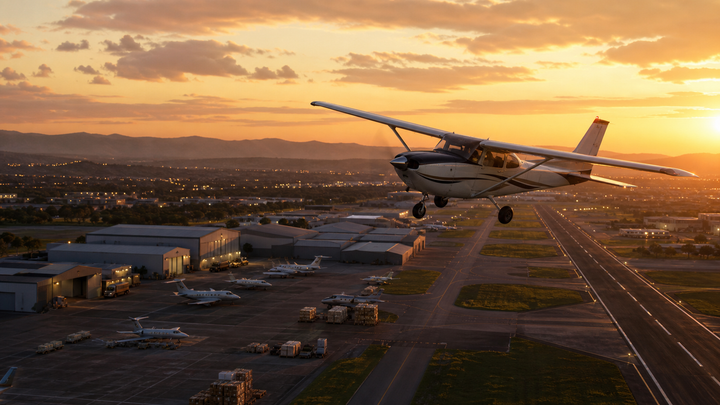 A small aircraft flying near a regional airport, representing an MSFS career addon adding progression and purpose to Free Flight.